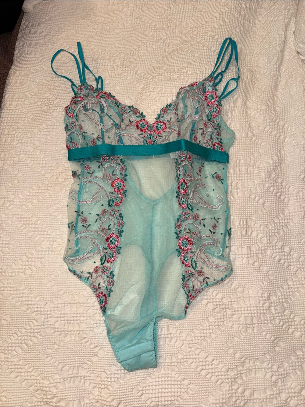 Cosabella Teal Sheer Floral Lace Teddy with Pink Embroidery